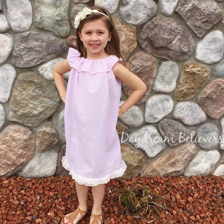 Girls Seersucker Pink and White Classic Ruffle Neck sundress by Daydream Believers Designs 1