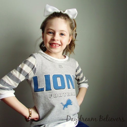 Daydream Believers Handcrafted Clothing for Girls. Stylish Upcycled Detroit Lions Tee. One of a Kind. Team Spirit Wear for Stylish Girls.